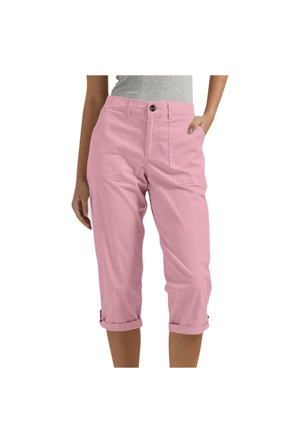 Cargo Capris for Women with Pockets Button Pant Casual Summer Straight Leg Knee Length Long Bermuda Capris Rolled Hem Trouser