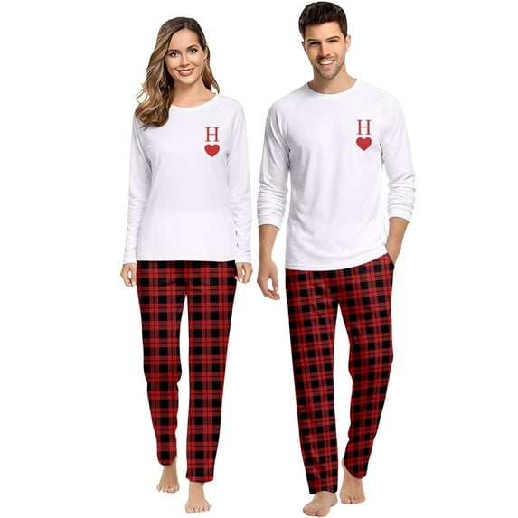 Letdown Couple Valentine Family Matching Pajama Long Top And Long Pant Pajama Set, Letter Pattern Printed T-Shirt and Red Plaid Wide Leg Sleep Bottom (Men - H Print,XL)