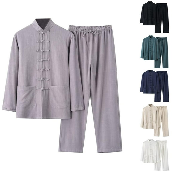 Letdown Early Fall Outfits 2 Piece Long Sleeve Shirts and Wide Leg Pants Vacation Texture Cotton Linen Sets for Men (Grey, M)