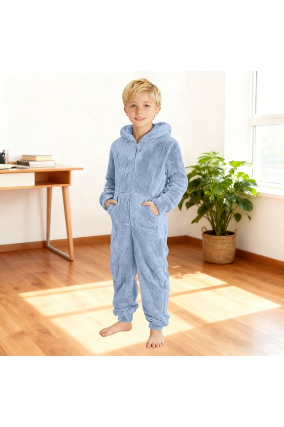 Flannel Onesie Pajamas for Boys Girls Furry Pj Jumpsuits Warm Rompers One Piece Sleepwear Long Sleeve Hooded Winter Solid Rompers