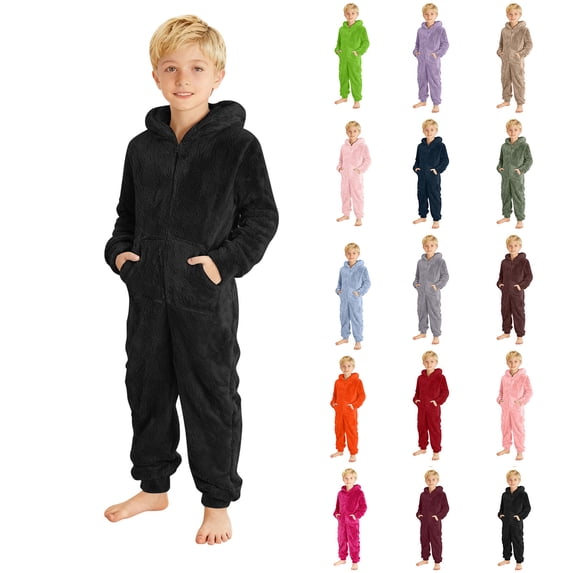 Letdown Flannel Onesie Pajamas for Boys Girls Furry Pj Jumpsuits Warm Rompers One Piece Sleepwear Long Sleeve Hooded Winter Solid Rompers