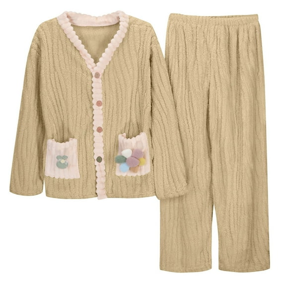 Letdown Flannel Pajamas for Women Solid Color Button V Neck Flannel Warm Warm Set Long Sleeve Winter Thick Warm Loungewear 2PCS Fuzzy Warm Pjs (05-Green,One Size)