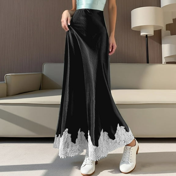 Letdown Flared Maxi Skirt with Lace Trim - Elastic Waist Drawstring Long Flowy Ankle-Length Skirt (BK1,L