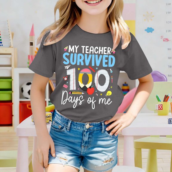 Letdown Funny School Kids T-Shirt: "My Teachers Survived 100 Days of Me" Letter Print Short Sleeve Tops for Toddler Boys Girls (Grey,5-6 Years)