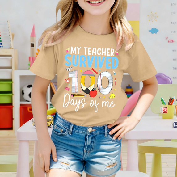 Letdown Funny School Kids T-Shirt: "My Teachers Survived 100 Days of Me" Letter Print Short Sleeve Tops for Toddler Boys Girls (Khaki,6-7 Years)