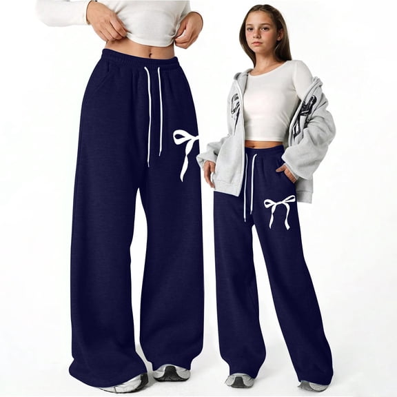 Letdown Girl's Athletic Track Pants Wide Straight Leg Pants Fitness Clothing Elastic High Waisted Long Loose Trousers (Navy,11-12 Years)