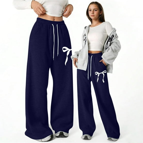 Letdown Girl's Bow Print Wide Leg Straight Sweatpants Athletic Jogger Pants Workout Trousers Lounge Long Pants with Pockets