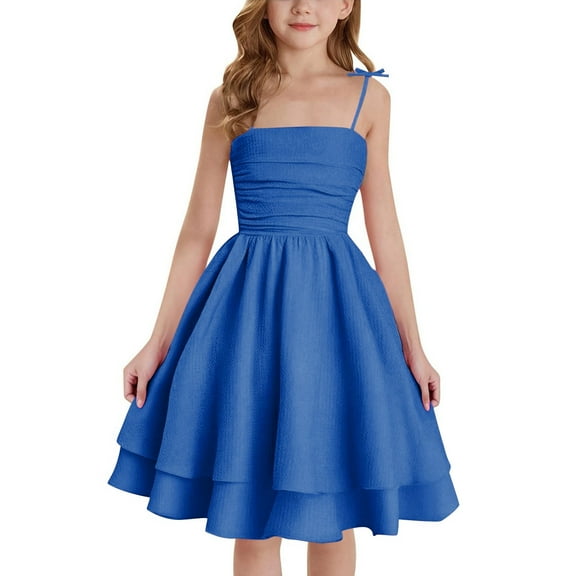 Letdown Girl's Smocked Ruched A Line Swing Dress Solid Layered Tie Shoulder Flowy Cami Short Dress