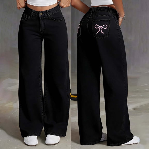 Letdown Girls Baggy Jeans Wide Straight Leg High Waist Cute Bow Embroidered Denim Pants Trendy Skater Streetwear (Black,8-9 Years)
