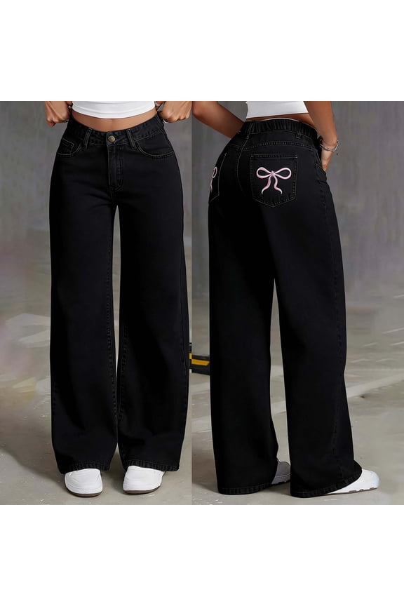 Girls Baggy Jeans Wide Straight Leg High Waist Cute Bow Embroidered Denim Pants Trendy Skater Streetwear (Black,8-9 Years)