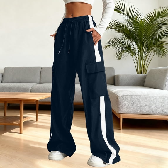 Letdown Girls Boys Cargo Pants Elastic Waist Jogger Pants with Pockets & Side Strip Loose Streetwear Sweatpants for (Navy,11-12 years)