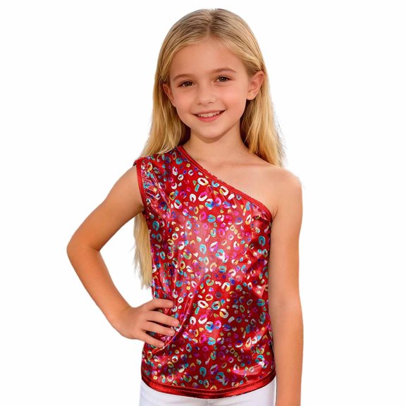 Letdown Girls Boys Sequin Dance Tshirts Trendy One Shoulder Sleeveless Metallic Shimmer Lightweight Shirts Sparkly Glitter Performance Tops (Red,7Y)