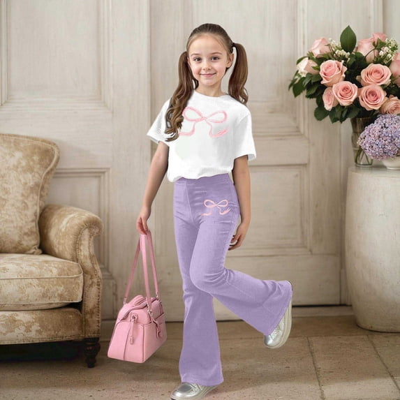 Letdown Girls Casual Outfit With Bow Print T - Shirt And Flared Pants Two Piece For Girls And Daily Wear Independence Day Summer and Play Short Sleeves Pant Daily Kids Outfits