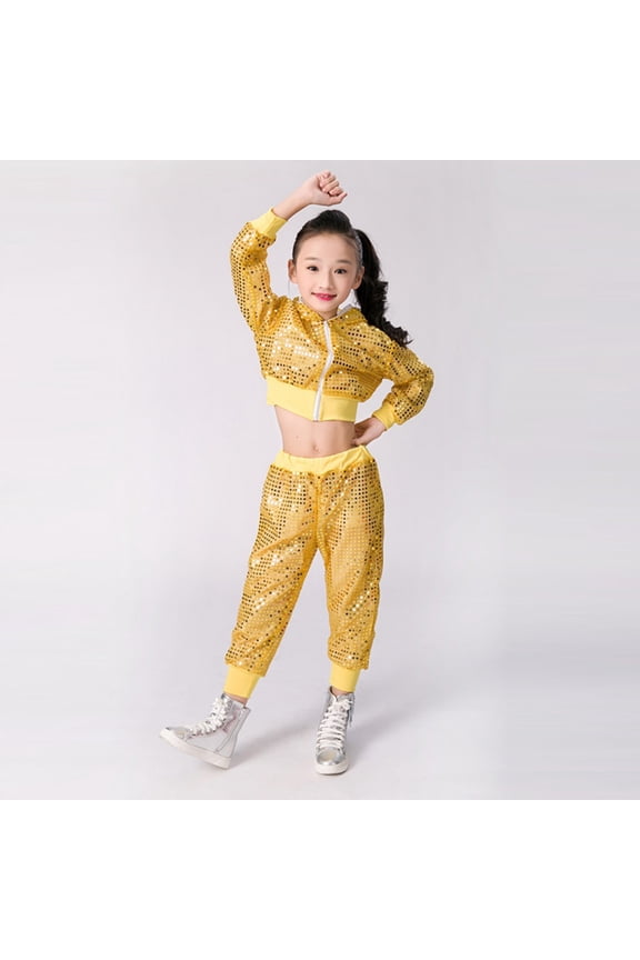 Girls Dance Co_stumes Kids Sequin Performance Cos_tume 2 Pieces with Sequin Jacket and Sequin Pants Hop Jazz Street Outfits