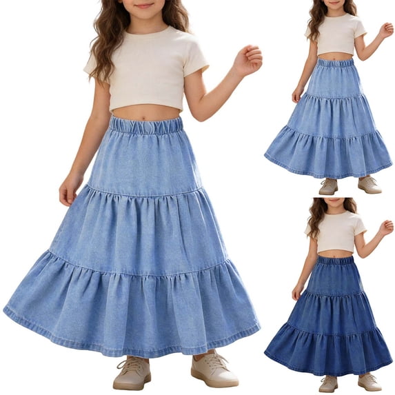 Letdown Girls Denim Midi Skirt Elastic High Waist A Line Flowy Swing Long Swing Ruffle Hem Casual Midi Jean Skirt for Kids 5-12