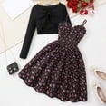 thumbnail image 1 of Letdown Girls Dress 2 Piece Outfit Cherry Print Strap Dresses with Black Long Sleeve Cropped Smock Top Cute Casual Party Wear (Black,10-11 Years), 1 of 9