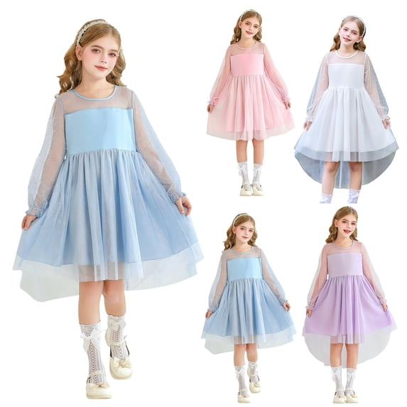 Letdown Girls Dresses Contrast Mesh Lantern Long Sleeve Twirl High Low Birthday Party Formal Princess Dress