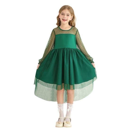 Letdown Girls Dresses Contrast Mesh Lantern Long Sleeve Twirl High Low Birthday Party Formal Princess Dress