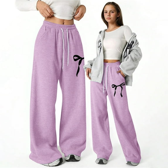 Letdown Girls Elastic Waist Wide Leg Cargo Pants with Pockets Drawstring Tapered Jogger Trousers with Bow Print (Purple,4-5 Years)