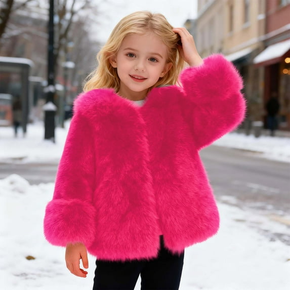 Letdown Girls - Jacket Coat V Neck Long Sleeve Furry Loose Fit Zip Up Jackets Thicken Warm Fuzzy Trendy Outwear (Hot Pink,11-12 Years)