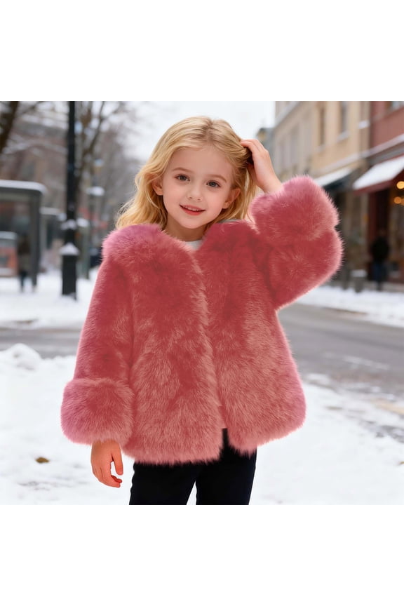 Girls - Jacket Coat V Neck Long Sleeve Furry Loose Fit Zip Up Jackets Thicken Warm Fuzzy Trendy Outwear (Pink,11-12 Years)