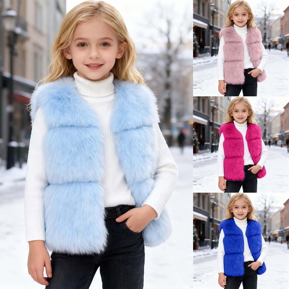 Letdown Girls Vest Fluffy Furry Jacket Kids Warm Padded Winter Shaggy Outwear Soft Pile for Cold (Light Blue,13-14 Years)
