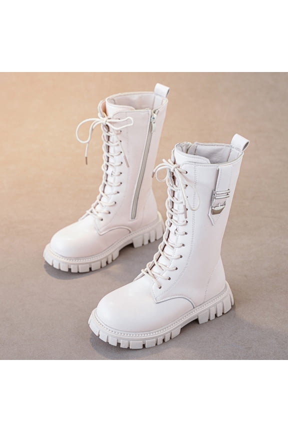 Girls Lace Up Riding Boots Mid Calf Combat Boots Fashion Waterproof PU Leather Side Zipper Punk Goth Boot Kid/Big Kids