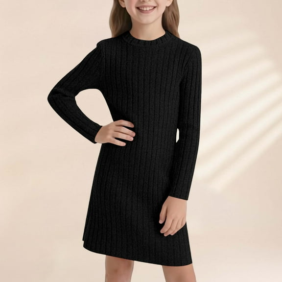 Letdown Girls Long Sleeve Sweater Dress Bodycon Winter Warm Stretchy Turtleneck Pullover Casual Ribbed Knit Tight Pencil Mini Dresses (Black,8-9 Years)