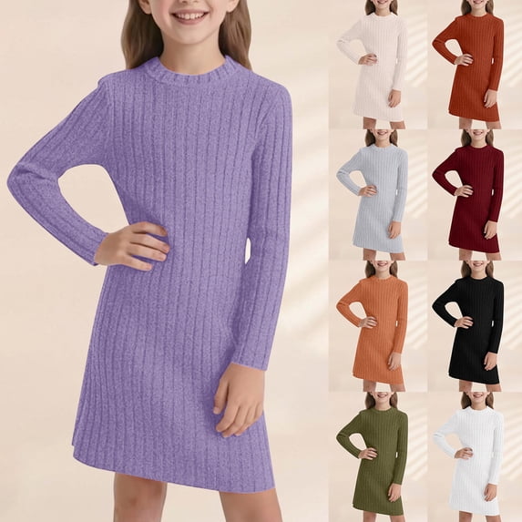 Letdown Girls Long Sleeve Sweater Dress Bodycon Winter Warm Stretchy Turtleneck Pullover Casual Ribbed Knit Tight Pencil Mini Dresses (Purple,9-10 Years)