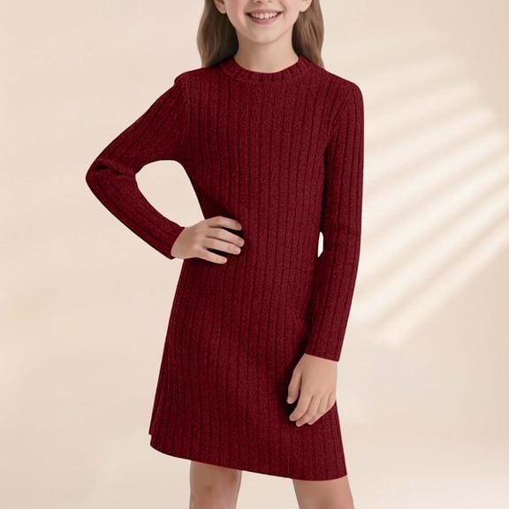 Letdown Girls Long Sleeve Sweater Dress Bodycon Winter Warm Stretchy Turtleneck Pullover Casual Ribbed Knit Tight Pencil Mini Dresses (Red,10-11 Years)