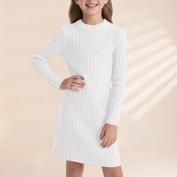 Letdown Girls Long Sleeve Sweater Dress Bodycon Winter Warm Stretchy Turtleneck Pullover Casual Ribbed Knit Tight Pencil Mini Dresses (White,8-9 Years)
