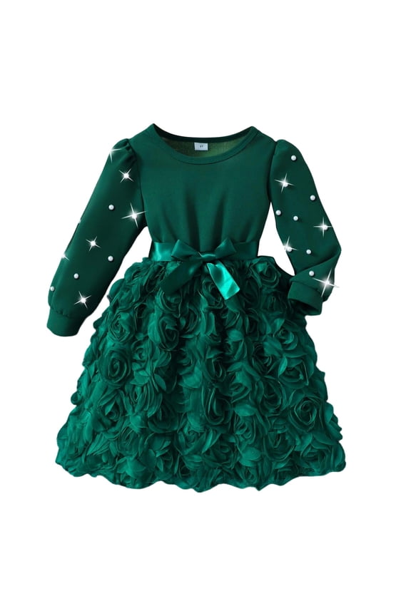 Girls Rose Applique Princess Dress - Pearl Lantern Sleeves & Bow Back, Full Tulle Party Dress for Birthday, Flower Girl & Holiday, Special Occasion Gown (Green,4-5 Years)