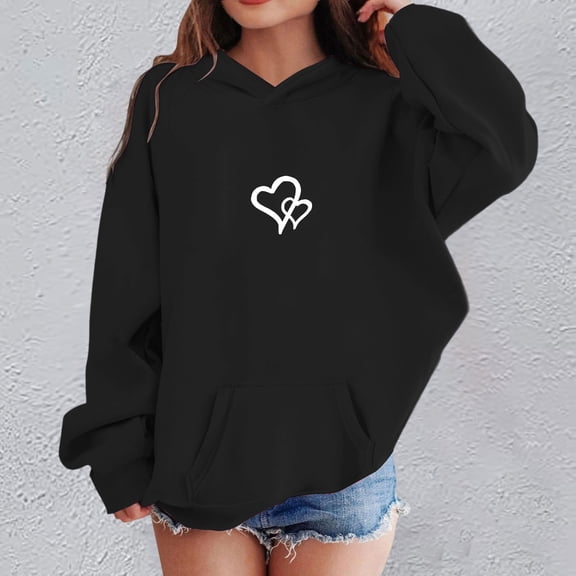 Letdown Girls Pullover Hoodies Sweatshirt with Heart Print Casual Long Sleeve Winter Tops Warm Outwear Coat with Pockets (Black,7-8 Years)
