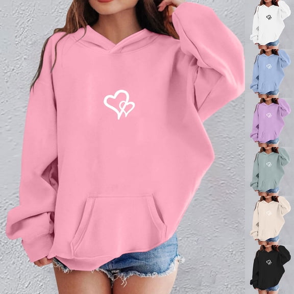 Letdown Girls Pullover Hoodies Sweatshirt with Heart Print Casual Long Sleeve Winter Tops Warm Outwear Coat with Pockets (Pink,7-8 Years)