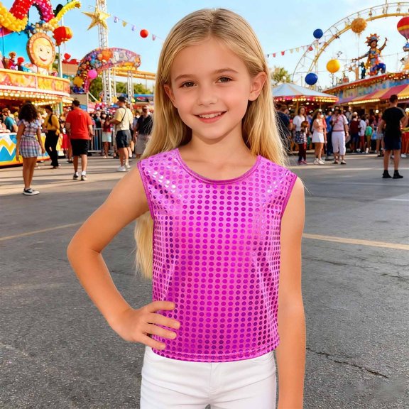 Letdown Girls Sequins Crew Neck Dance Tops Metallic Sparkle Sleeve Pullover Jazz Latin Hop Modern Dance Vest Stage Performance Clothes (Hot Pink,10Y)