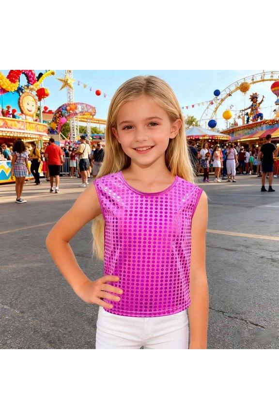 Girls Sequins Crew Neck Dance Tops Metallic Sparkle Sleeve Pullover Jazz Latin Hop Modern Dance Vest Stage Performance Clothes (Hot Pink,10Y)