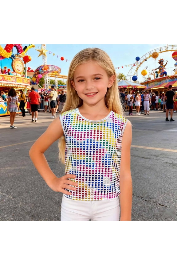 Girls Sequins Crew Neck Dance Tops Metallic Sparkle Sleeve Pullover Jazz Latin Hop Modern Dance Vest Stage Performance Clothes (Multicolour,12Y)