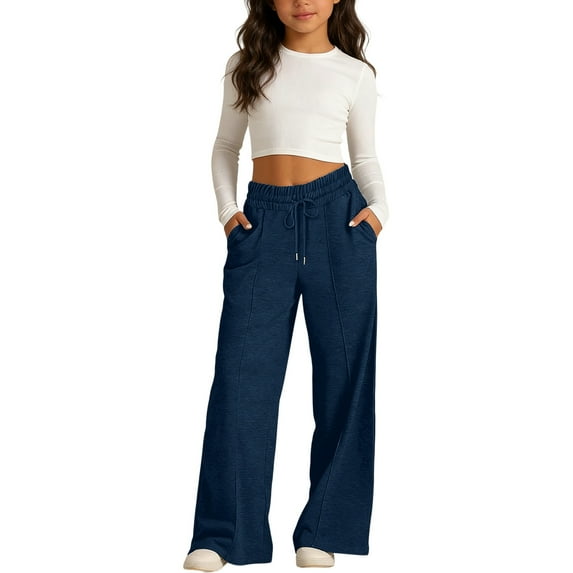 Letdown Girls' Solid Wide-Leg Lounge Pants, Casual Front Seam Detail Elastic Waist with Drawstring and Pockets for Kids 7-14 Years