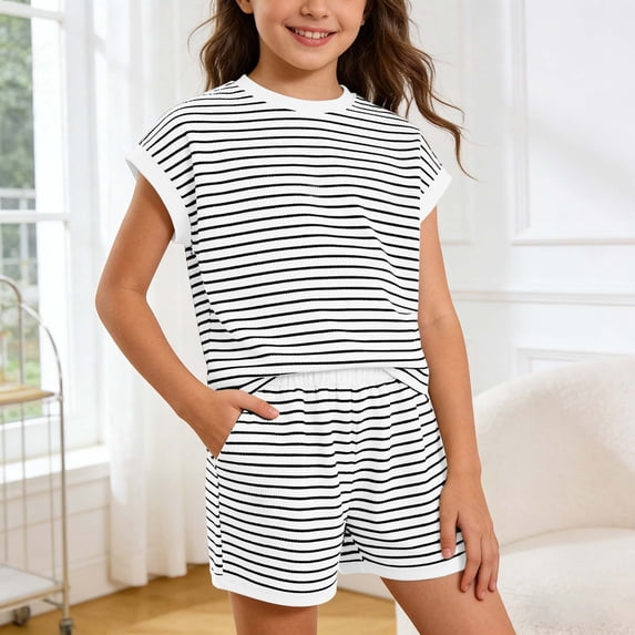 Letdown Girls Summer 2026 Outfits Short Sleeve Striped T Shirts And Cycling Shorts Two Piece Sets For 5-13 Party Night Versatile Clothes Sets,Back To School,Halloween,Daily Wear for Childs