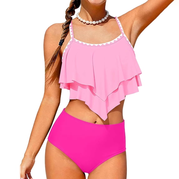 Letdown Girls Swimsuit 2 Piece Bikini Set Tiered Ruffled Bathing Suit Two Piece Girls' Swimwear with Adjustable Straps Summer Beach