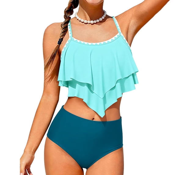 Letdown Girls Swimsuit 2 Piece Bikini Set Tiered Ruffled Bathing Suit Two Piece Girls' Swimwear with Adjustable Straps Summer Beach