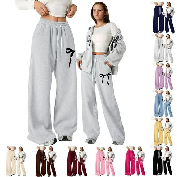 Letdown Girls Wide Leg Elastic High Waisted Bow Print Pants Sweatpants Track Pants Trousers Casual Streetwear