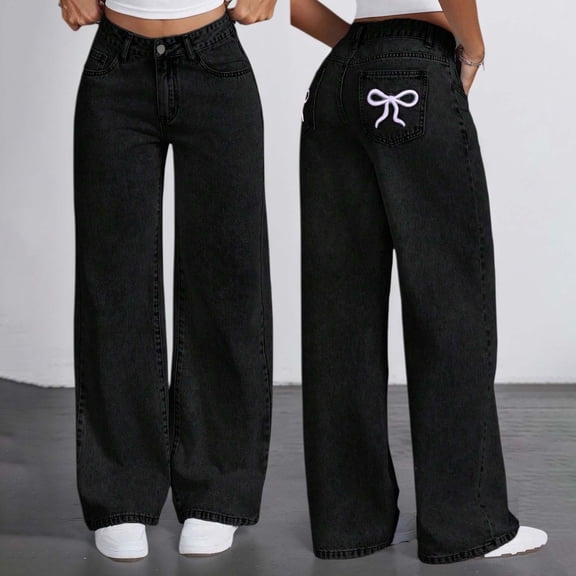 Letdown Girls Wide Leg Jeans with Bow embroidered Casual Baggy Pants for Girl Cute Solid Teens High Waist Straight Pant Y2k Trousers (Black-2,11-12 Years)