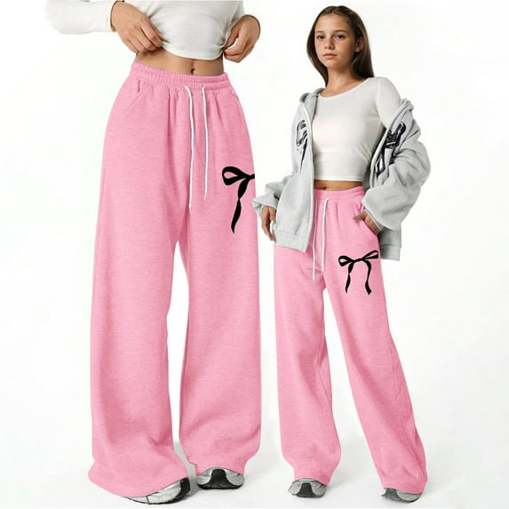 Letdown Girls Wide Leg Pants Elastic High Waisted Loose Long Trousers with 3 Pockets Bowknot Straight Leg Baggy Y2k Track Pants Preppy School Athletic Joggers (Pink,13-14 years)