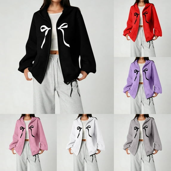 Letdown Girls Zip Up Hoodie Sweatshirt, Bow Print Hooded Jacket, Kids Long Sleeve Casual Zipper Hoodie for Fall Winter