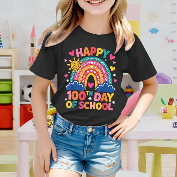 Letdown Happy 100 Days of School T-Shirt Kids Short Sleeve Tops Cute Graphic Tee for Toddler Boys Girls (Black,3-4 Years)