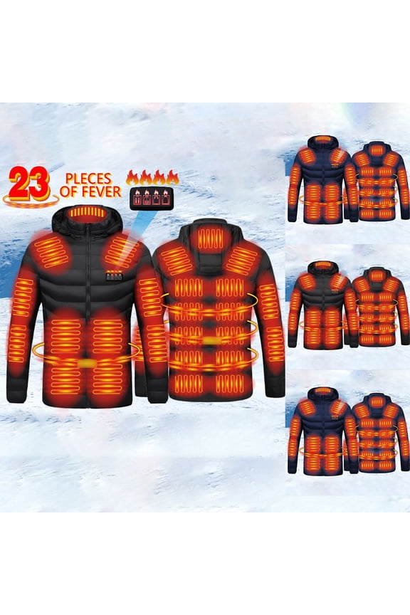 Heated Jacket for Men Women 23 Heating Zones Hooded Coat Jackets USB Winter Unisex Body Warm Thermal Coats (Battery Not Included) (Black, XL)