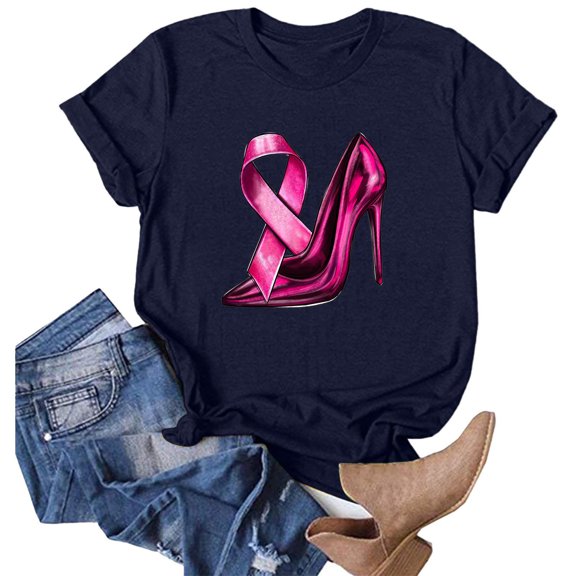 Letdown High Heel Pink Ribbon Cancer Awareness T-Shirt Support Squad Survivor Gifts Tee Top (Navy, XL)