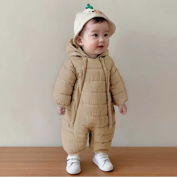 Letdown Boys Girls Winter Zipper Down Rompers Warm Zipper Hooded Puffer Jumpsuit Cute Overalls Soft Comfort Outerwear Thicken Warm Romper (Khaki,3-6 Months)
