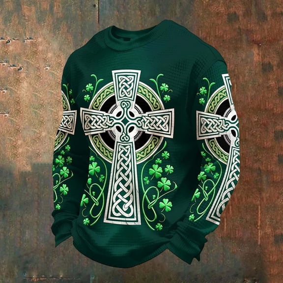 Letdown Irish_Celtic_Christian_Cross Printed Long Sleeve T-Shirts for Men, St Patrick's Holiday Clothes Tops (#09-Army Green,S)